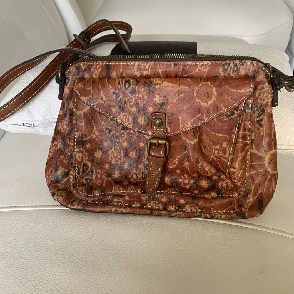 Patricia Nash Leather Crossbody Bag Brown Floral Pattern Adjustable Strap
